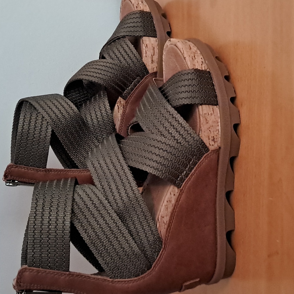 Sorel Brown and Olive Strappy Wedge Sandals